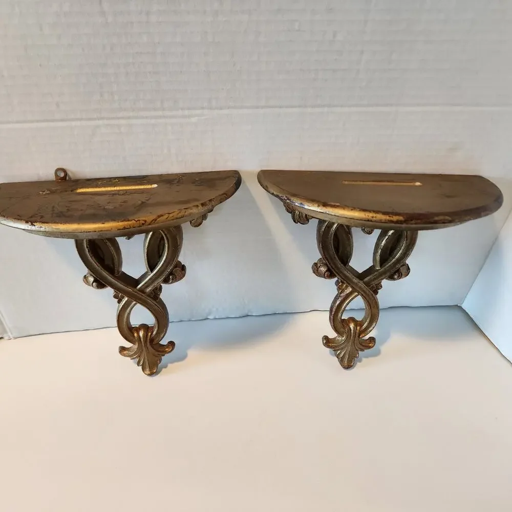 2 Vintage Hollywood Regency 60s Ornate Gold Gilded Weathered Wall Shelf Shelves